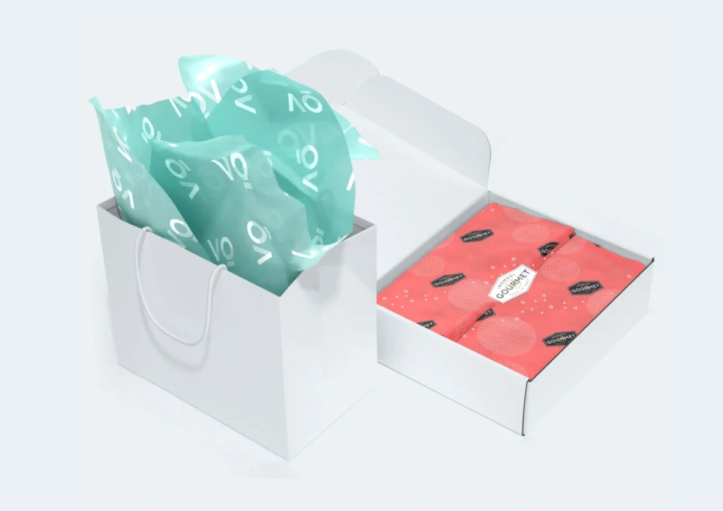 Custom printed wrapping paper featuring personalized designs and patterns for branded packaging and gift presentation.