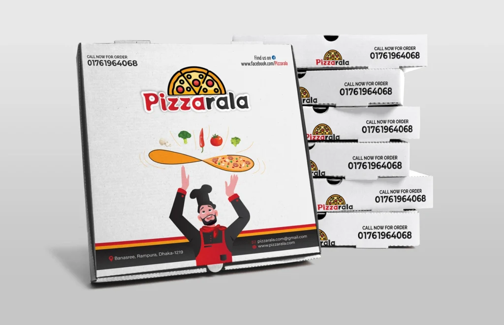 Custom pizza boxes for delivery - grease-resistant, eco-friendly corrugated cardboard with logo printing.