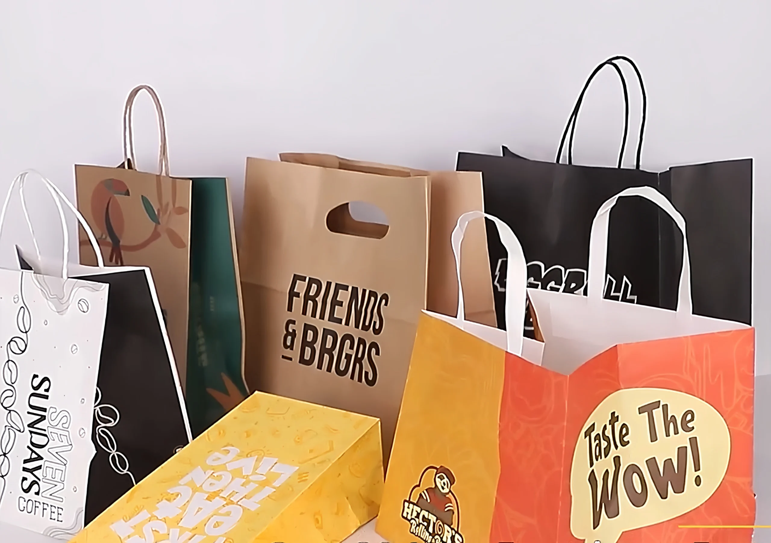Fast food items packed in eco-friendly paper bags