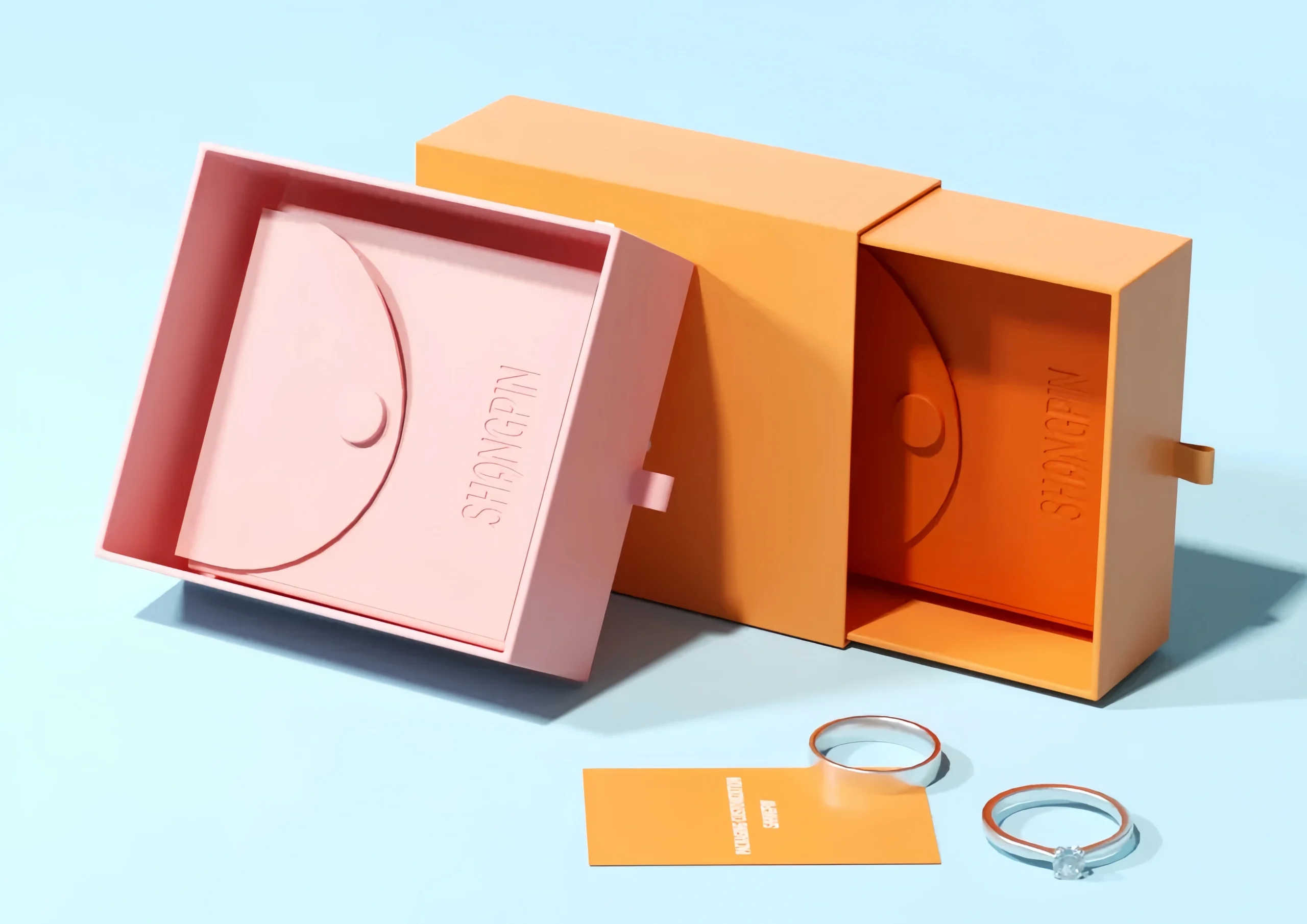 Personalized jewelry boxes featuring custom designs, brand logos, and elegant finishes for luxury jewelry packaging.