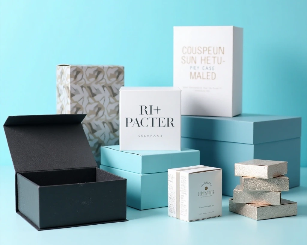 Assortment of custom packaging boxes for various products.