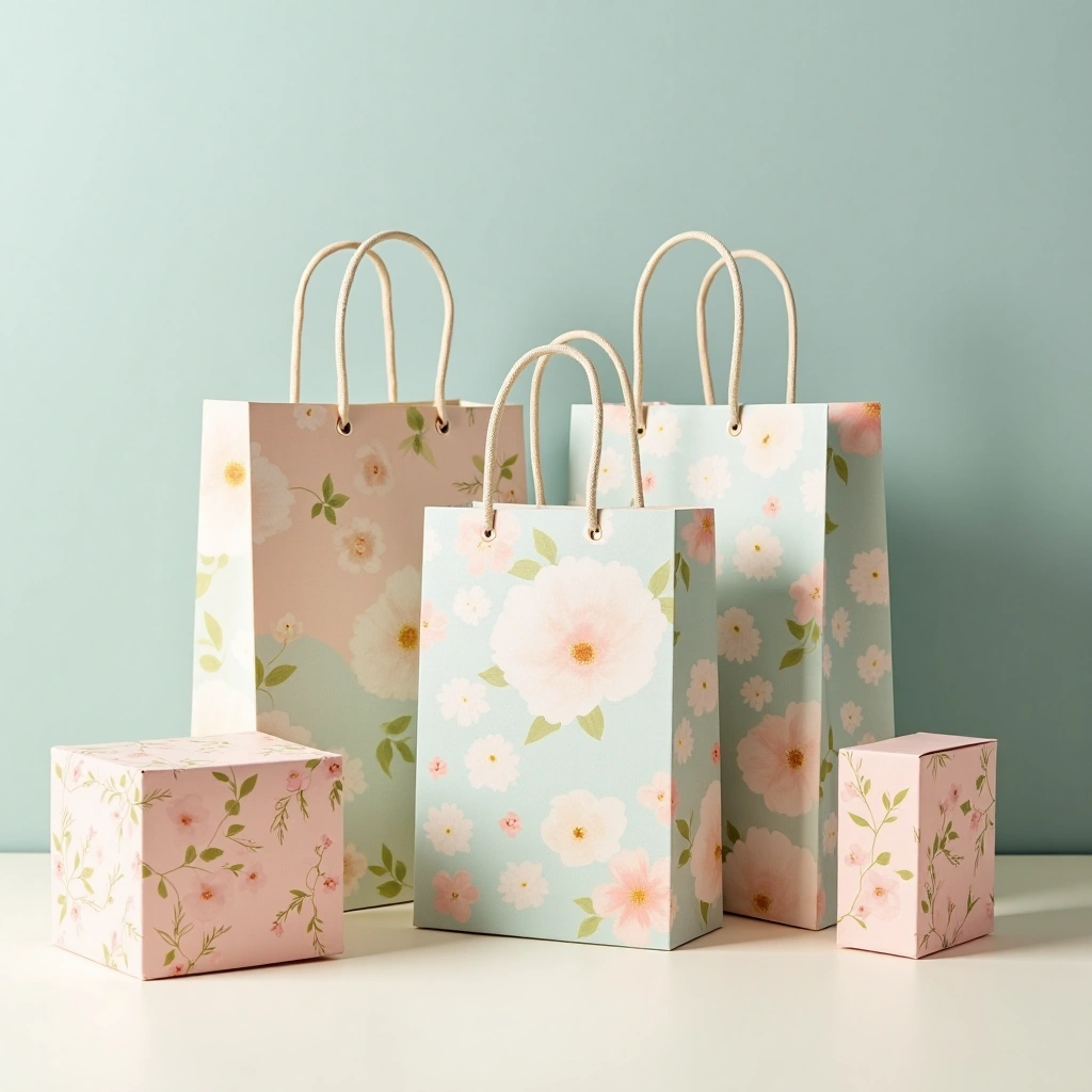 Custom paper gift bags designed for skincare product packaging.