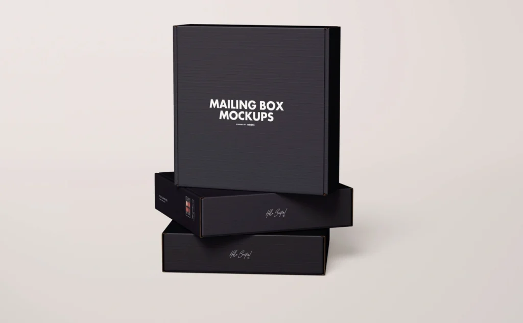 Stylish black corrugated folding box with secure tuck-top closure, made from recycled kraft paper, ideal for luxury retail and e-commerce packaging.