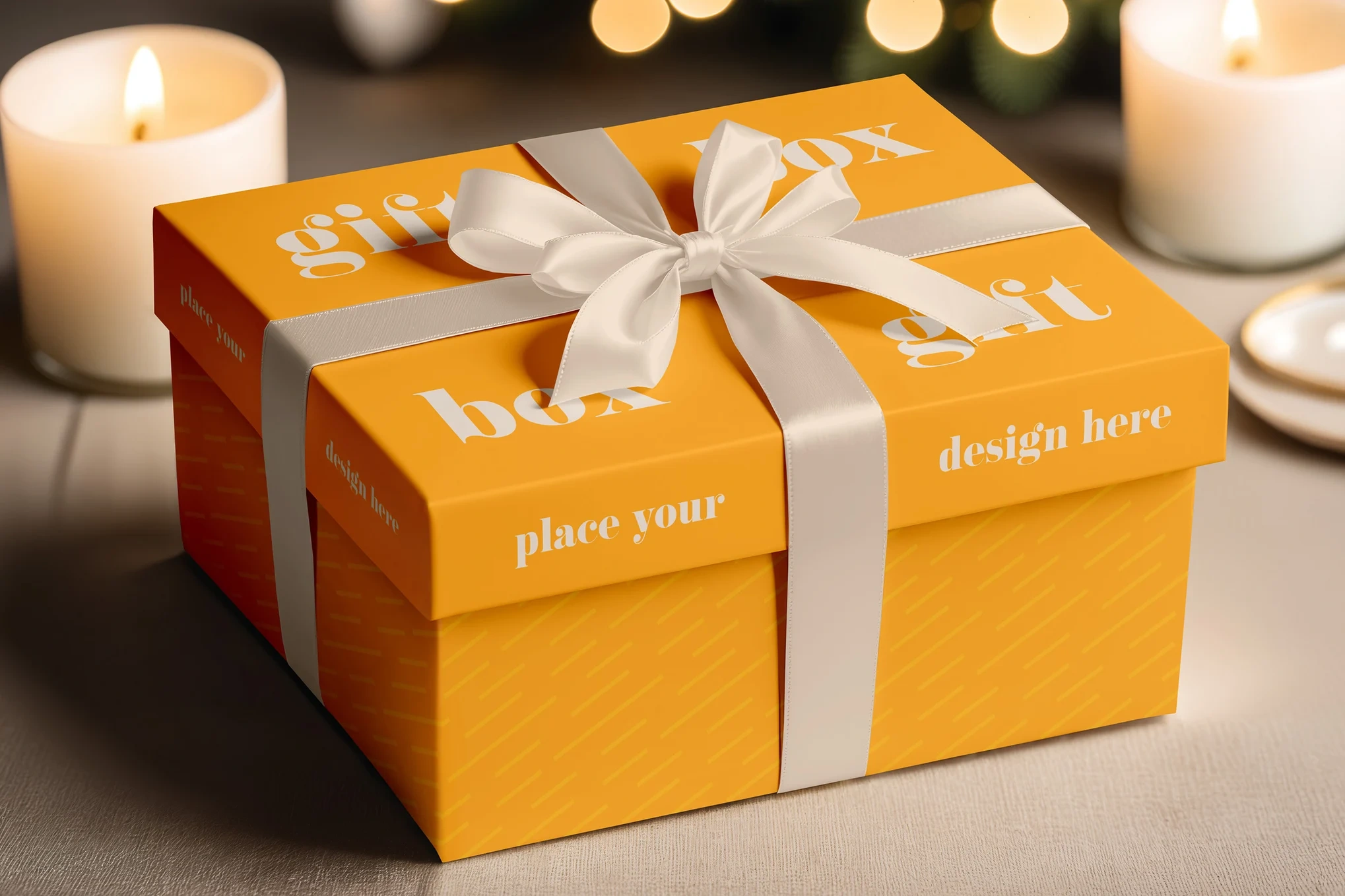 Yellow rigid gift box with a satin silk ribbon bow.