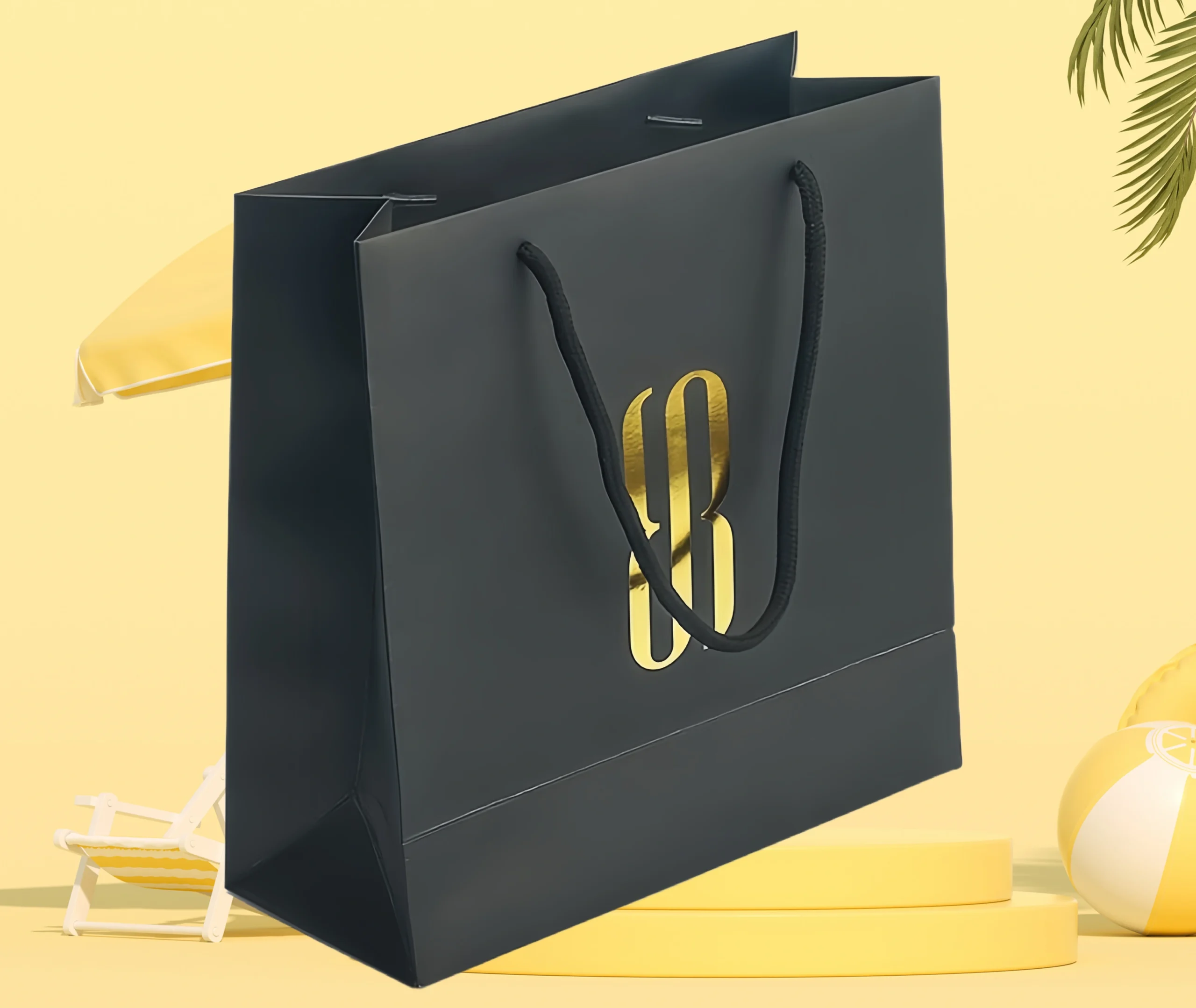 Hot foil stamped gold logo on dark blue luxury packaging box