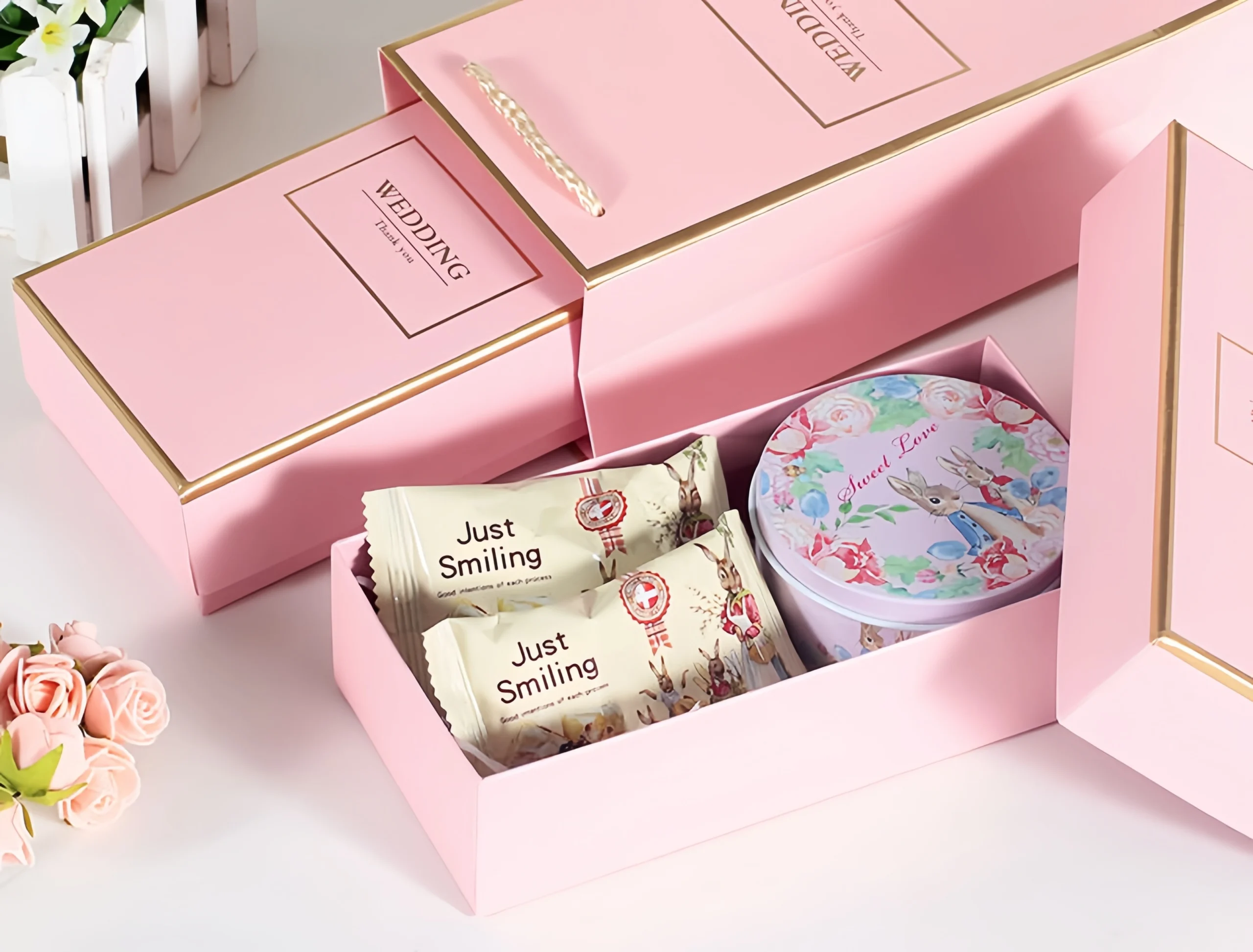 Set of candy paper boxes and matching paper bags for gift packaging