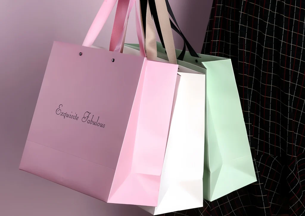 Customer holding a branded paper shopping bag outside a fashion boutique.