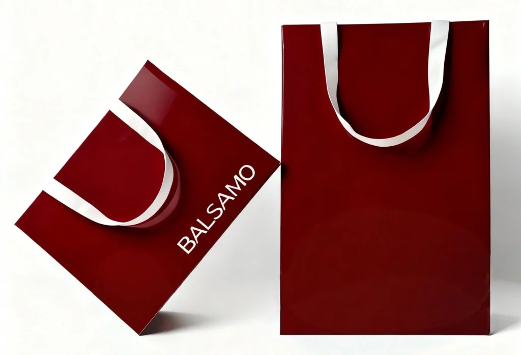 Glossy red paper bag for retail packaging with durable handles