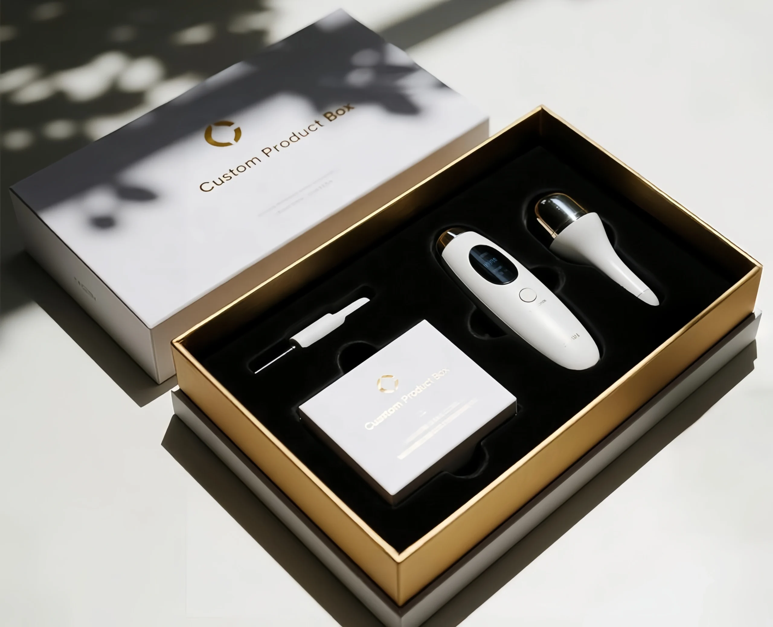 Custom rigid box with insert design for product protection and presentation.