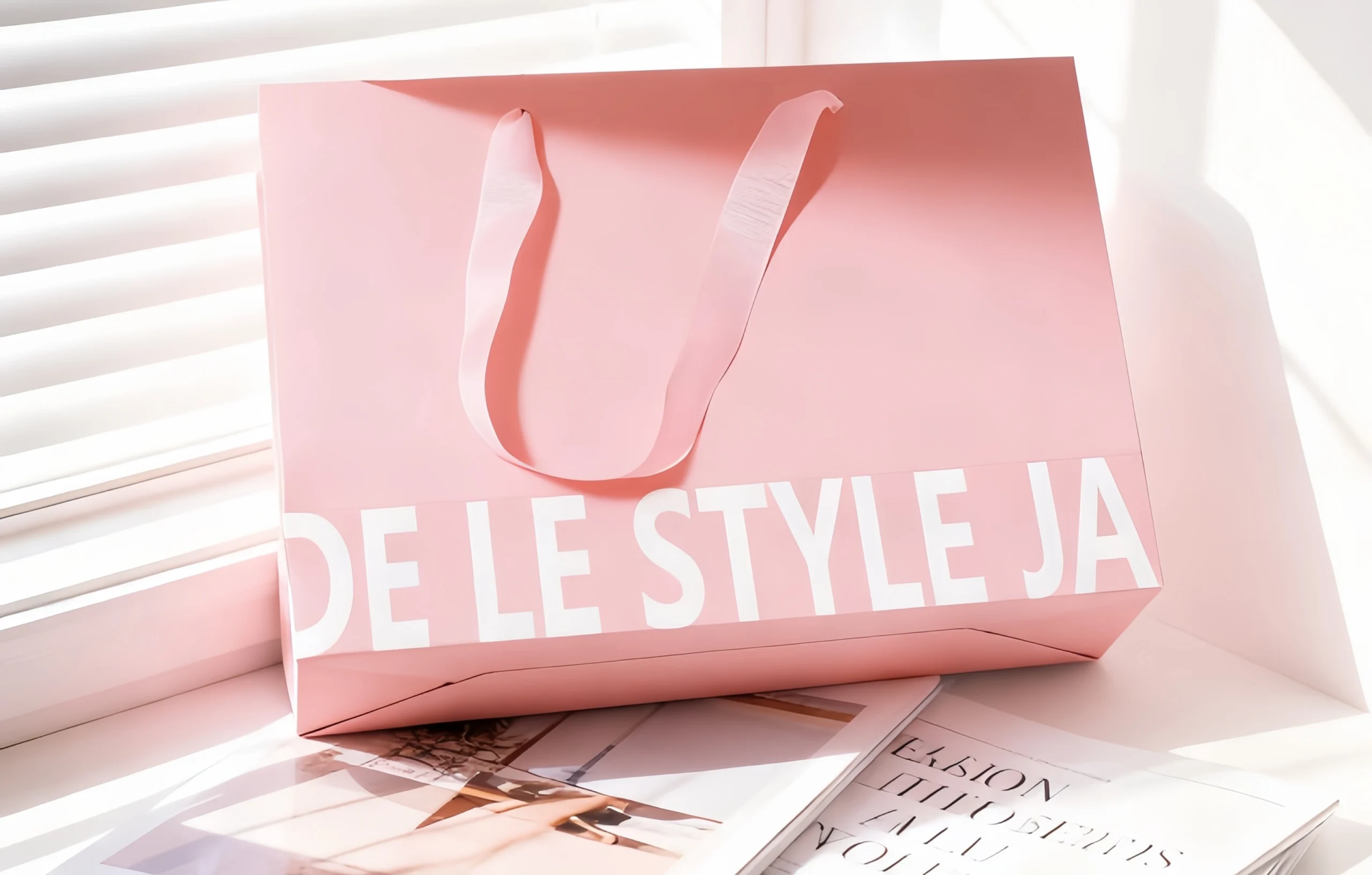 luxury branded shopping bag with ribbon handles for premium retail packaging