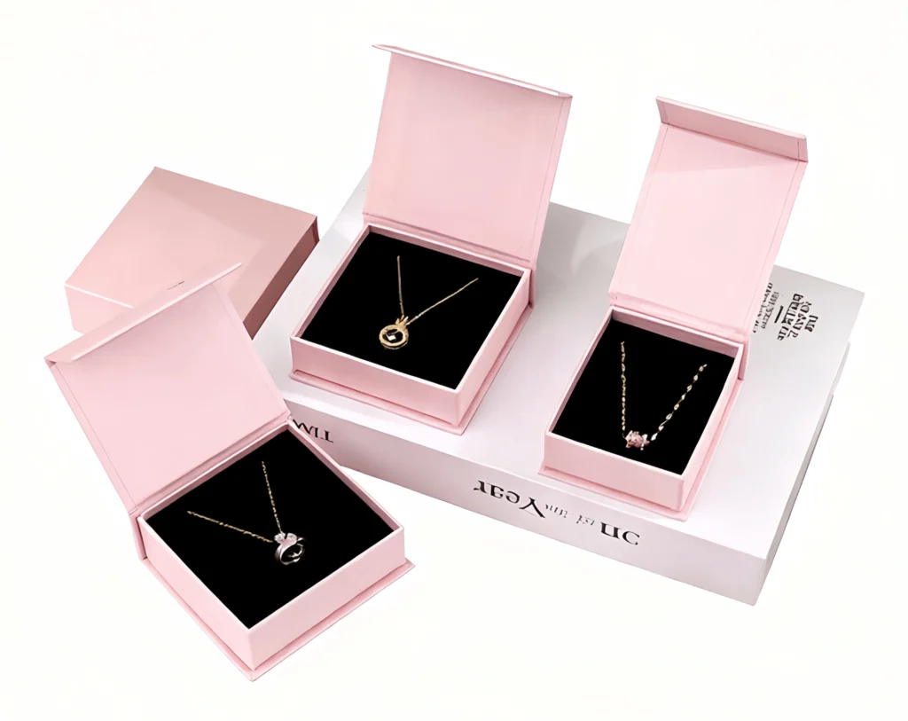 Luxury jewelry packaging box with velvet insert.