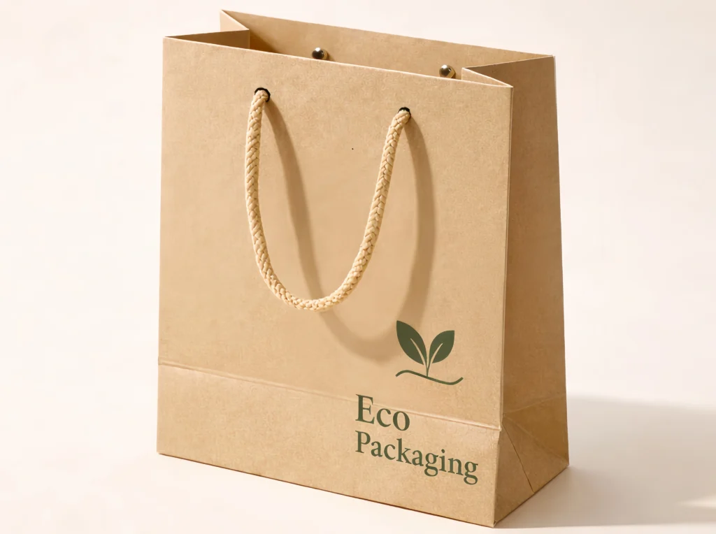 Recycled paper shopping bags made from sustainable kraft paper materials for retail use