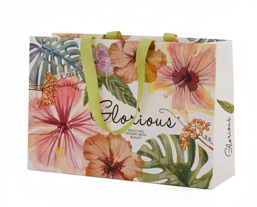 shopping bag handle types including ribbon handles, rope handles, and twisted paper handles