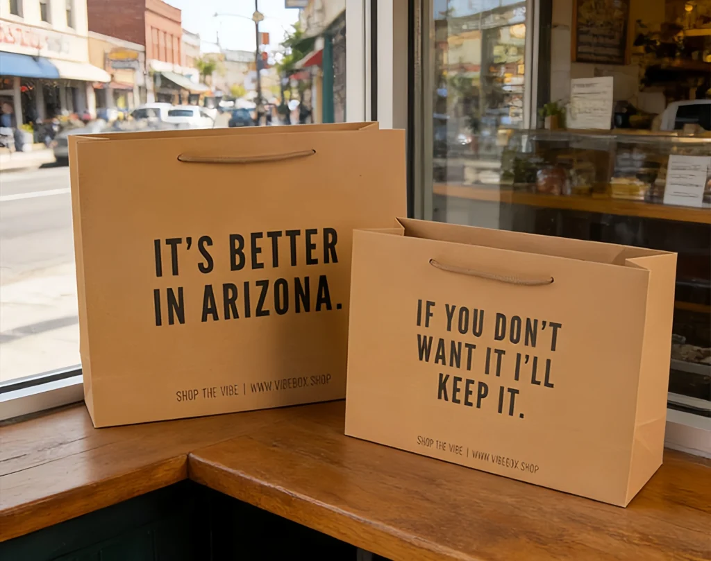Shopping bags in store display showcasing branded retail packaging in a fashion boutique