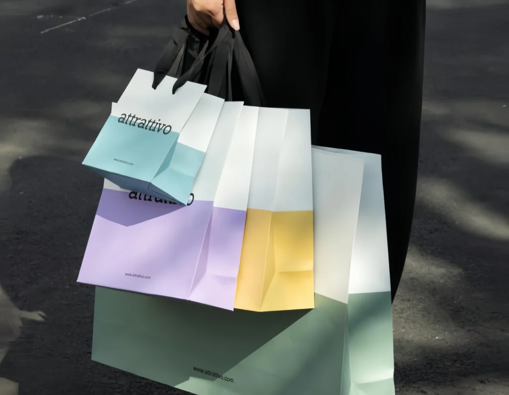 Customer carrying branded fashion shopping bag after purchase