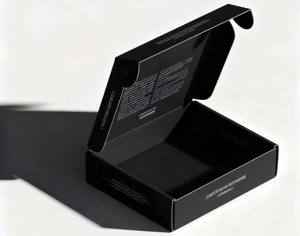 Black mailer box with logo printing and matte finish packaging.